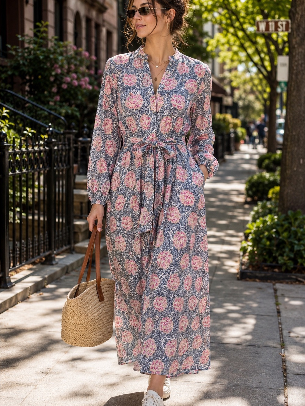 NSR Red/White/Blue Botanical Floral Print Long Sleeve Shirtwaist Dress, M